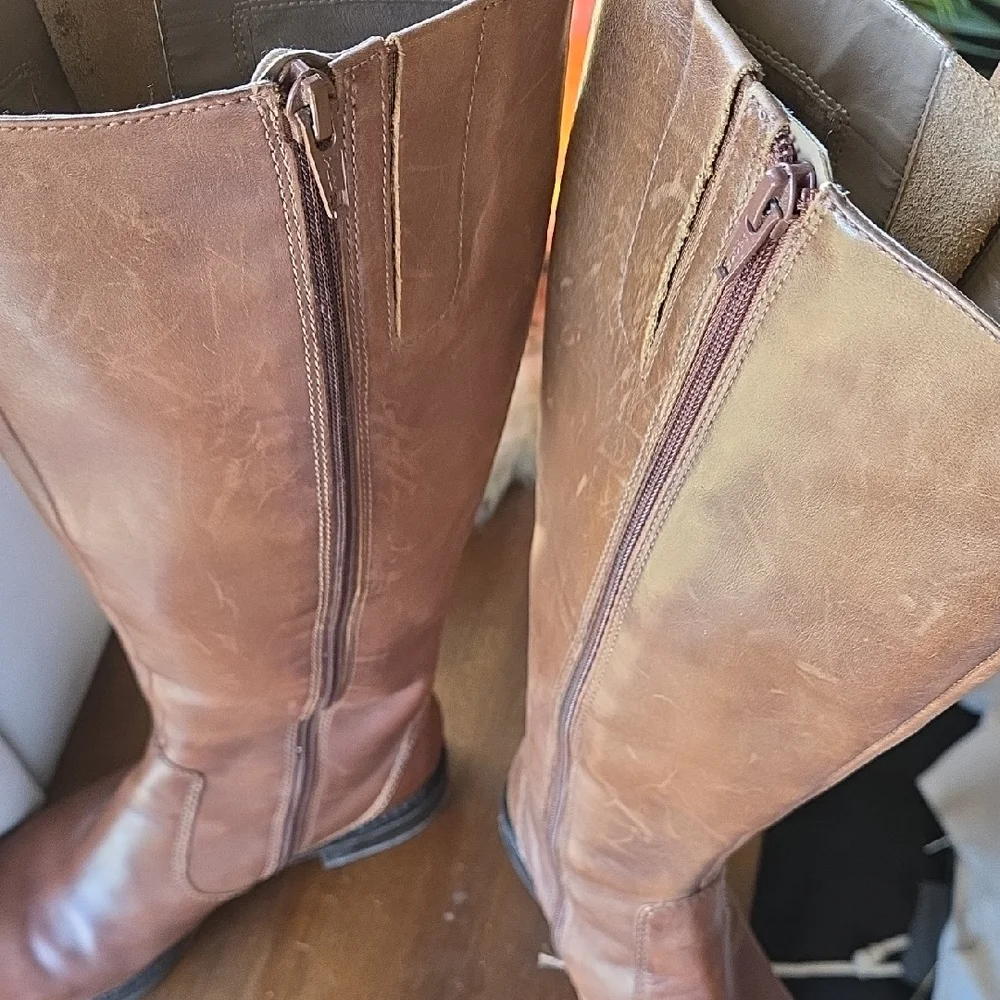 Ecco Brown Knee High Leather Moto Boots with Buckles 37